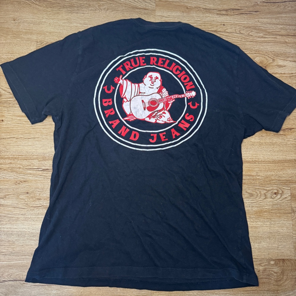 True Religion Men's Black Buddha Red Logo Seal 100% Cotton T-Shirt Size Large
